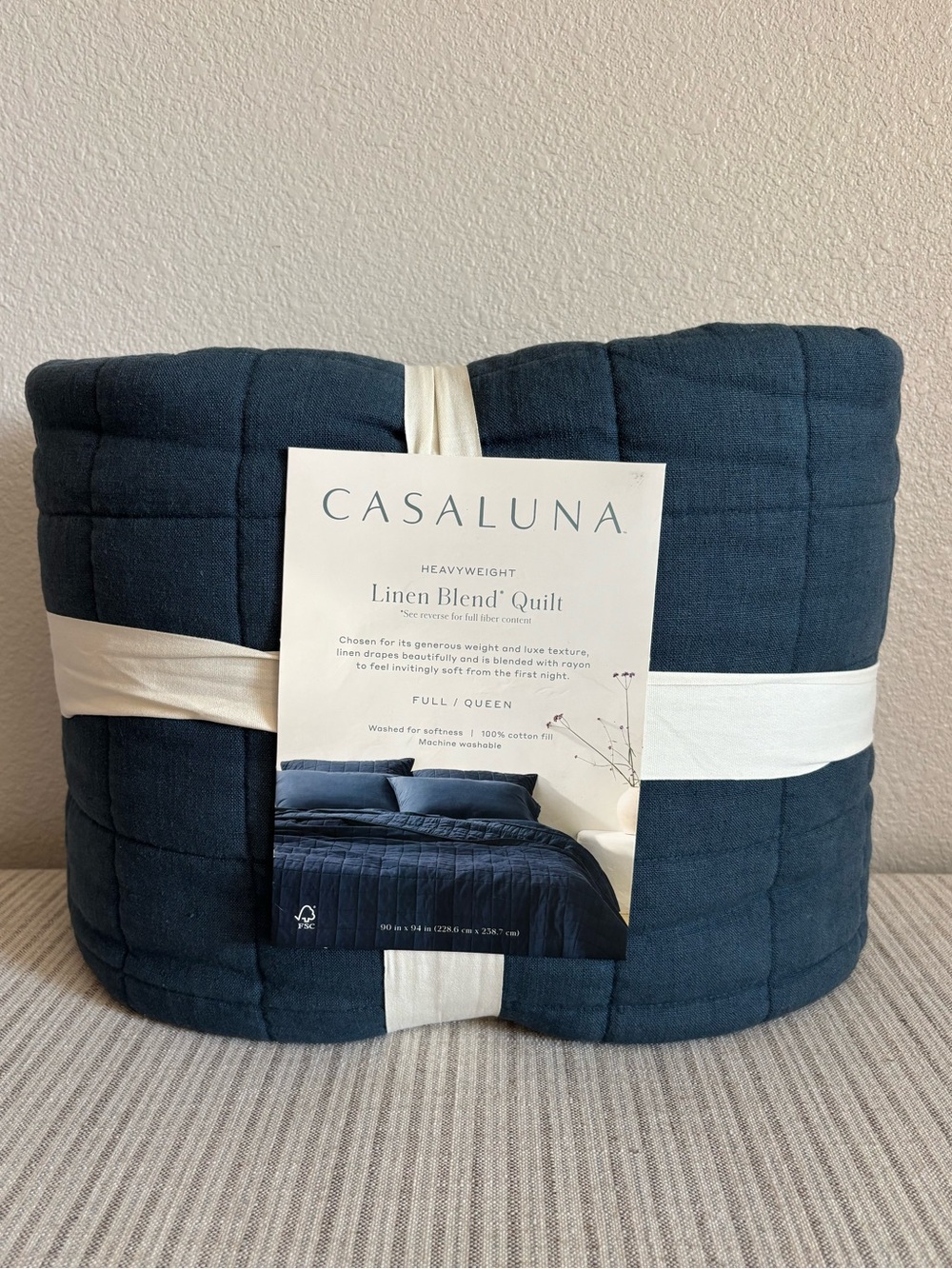 NWT Full/Queen Heavyweight Linen Blend Quilt Dark Mineral Blue - Casaluna